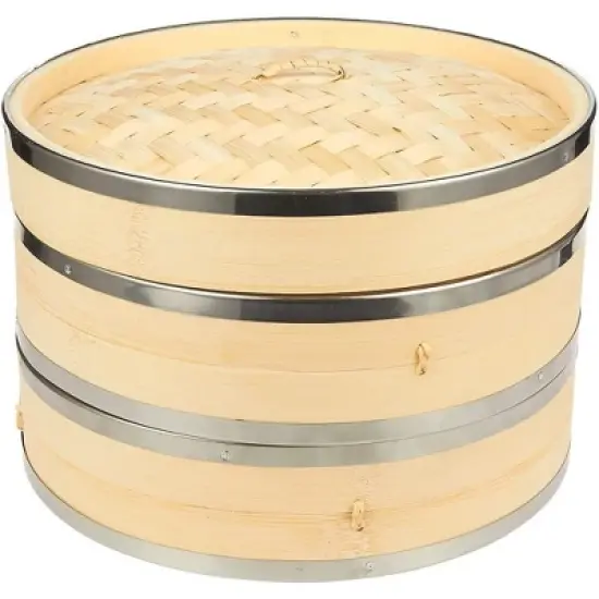 Juvale 2-Tier Bamboo Steamer Basket with Steel Rings for Dumplings, Dim Sums, 10 in image {4}