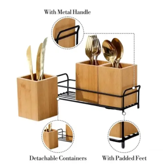 Bamboo Utensil Holder, Wood Cutlery Holder Silverware Caddy with 3 Detachable Compartments & Handles, Flatware Caddy Fork Spoon Knife Organizer image {3}