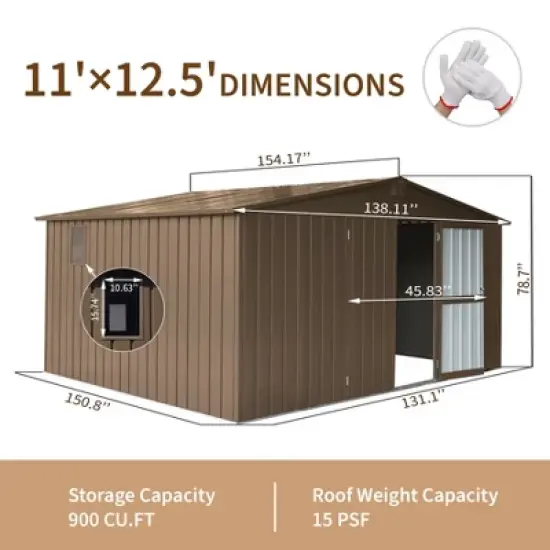 CLIHOME 11x12.5Ft Backyard Galvanized Steel Frame Storage Shed,Outdoor Metal Tool Shed Storage Room with Lockable Door image {6}