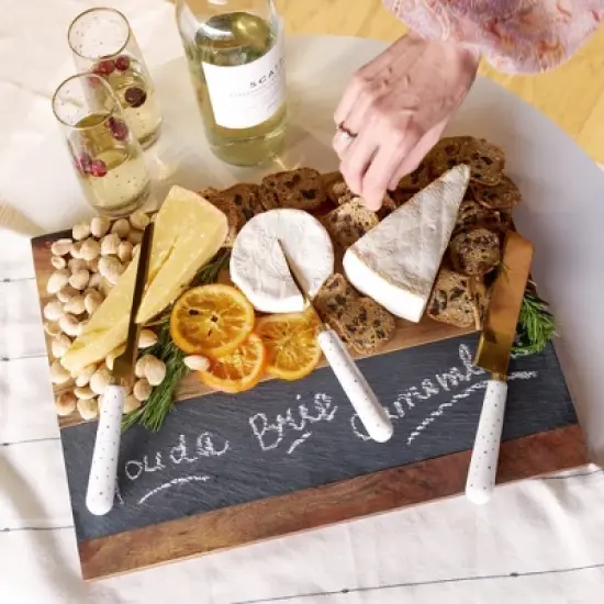 Twine Rustic Farmhouse Wood with Slate Cheese Board, Chalk Set, Acacia Wood and Natural Slate Cutting Board, Soapstone Chalk, Gourmet Gift Set, Brown image {5}
