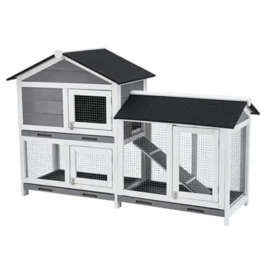 63" L Rabbit Hutch Indoor Outdoor 2 Story Large Bunny Hutch with Run Guinea Pig Cage Wooden Rabbit Cage with Removable 3 Pull Out Trays Pet House image {7}