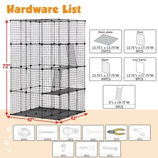 DOMETOUR 3-Tier Wire Cat Cage, Large Kennels Playpen with 3 Platforms, 3 Ramp Ladders and 4 Doors, 42" x 42" x 72", Black image {13}
