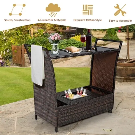 Costway Patio Rattan Bar Serving Cart Wheels Ice Bucket Glass Top Handle Garden image {5}