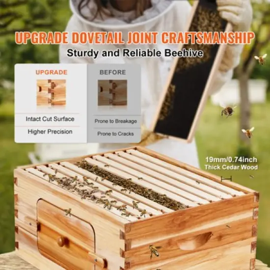 VEVOR Bee Hive Deep Box Starter Kit, 100% Beeswax Coated Natural Cedar Wood, Langstroth Beehive Kit with 10 Frames and Foundations image {2}