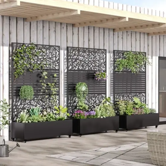 SpassWay 72"H Two-tone Patio Planter Box with Trellis Metal Raised Garden Bed Black Decorative Privacy Screen with Wheels image {1}