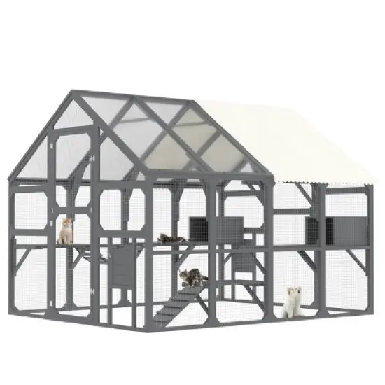 SEVOBAL Large Catio Outdoor Cat Enclosure Pet Crate Multiple Kittens Cat House Walk in Kitty Cage Kennel Sunshine Board Roof, Gray, 96.1"*74.2"*74.4" image {5}