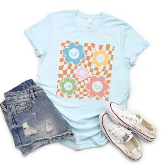 Simply Sage Market Women's Checkered Flowers And Smiley Short Sleeve Graphic Tee image {1}