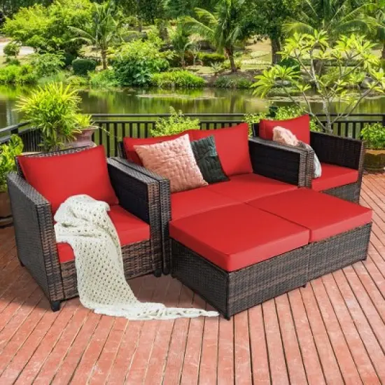Costway 5PCS Patio Rattan Furniture Set Loveseat Sofa Ottoman Cushioned Red\White image {11}