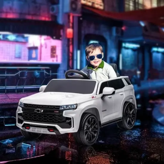 Aosom Licensed Chevrolet TAHOE Electric Car for Kids with Remote Control, 12V Battery Powered Ride On Car with 2 Speeds, Spring Suspension, LED Lights, MP3, Horn, Music, for 3-6 Years Old, White image {1}