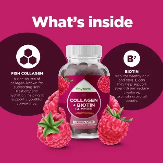 Hydrolized Collagen + Biotin Gummies, Pure Collagen Supplement for Healthy Hair Growth, Glowing Skin & Nail Care, Raspberry Flavor, Phytoral, 90ct image {3}