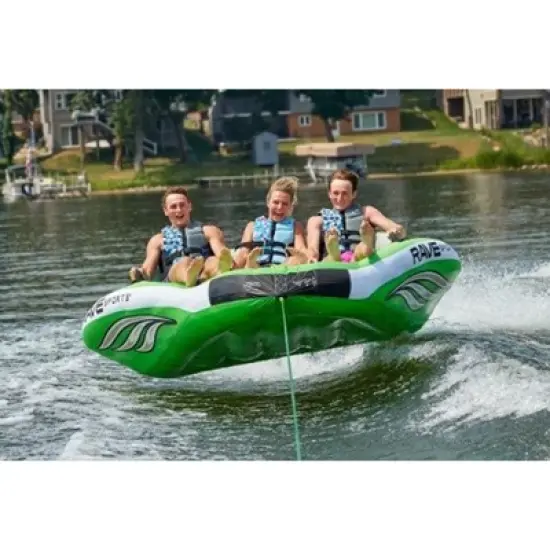 RAVE Sports 3 Person Inflatable Durable Nylon Wake Hawk Towable Boating Water Tube Raft with 6 Handles, Knuckle Guards, and 2 Air Chambers, Green image {3}