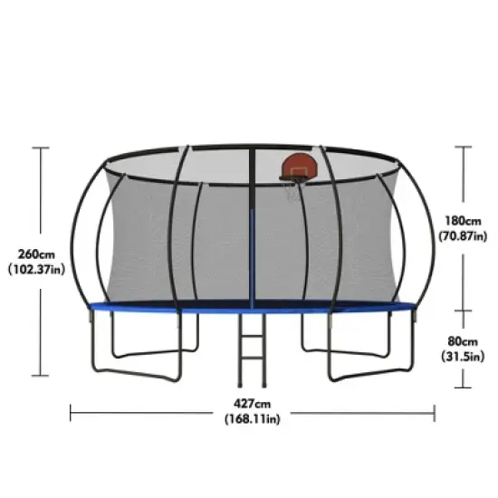 QingMoon 14 FT Pumpkin Trampoline With Basketball Hoop,Rubber Ball,Air Pump,8 Black PVC Covers,1050mm Foam Poles, And Anti-Collapse Fiber Netting image {2}