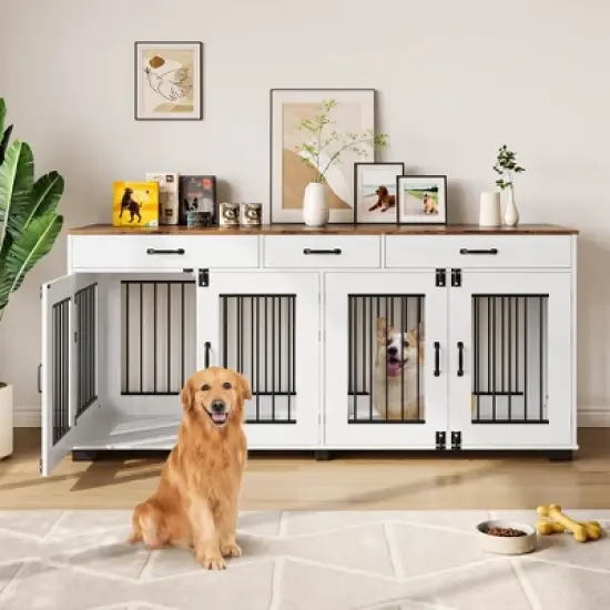 71-Inch Large Dog Crate with 3 Drawers for 2 Dogs, Spacious Wooden Indoor Kennel with Divider, Large Breed Dog Crate and TV Stand for Medium Large Dog image {8}