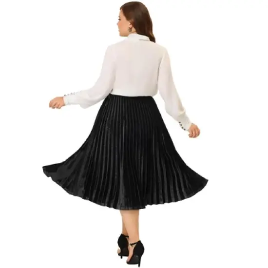 Agnes Orinda Women's Plus Size Velvet Pleated Elastic Waist Party Metallic Pleated Swing Midi A Line Skirts image {3}
