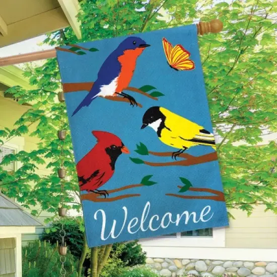 Wildbirds Spring Burlap House Flag Welcome Cardinals Finches 28" x 40" Briarwood Lane image {2}