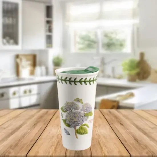 Portmeirion Botanic Garden 12 Ounce Porcelain Travel Mug, Hydrangea Motif, Dishwasher, Microwave Safe Cup, Hot Beverages On-the-Go image {4}