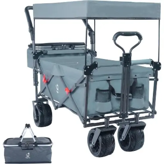 DOMETOUR Collapsible 140L Wagon Cart with Canopy, Wheels & Brake, Cooler Bag, for Camping, Beach, Shopping, All-Terrain image {7}