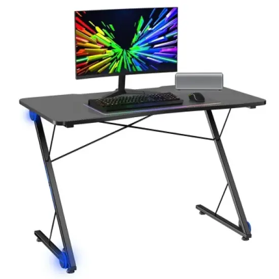 Tangkula Gaming Desk with LED 43.5-Inch Racing Style Computer Desk with Z-Shaped Metal Frame & Carbon Fiber Desktop Ergonomic image {9}