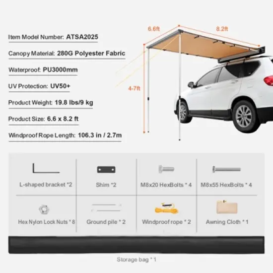 VEVOR Car Side Awning, Large 6.6' x 8.2' Shade Coverage Vehicle Awning, PU3000mm UV50+ Retractable Car Awning with Waterproof Storage Bag image {7}