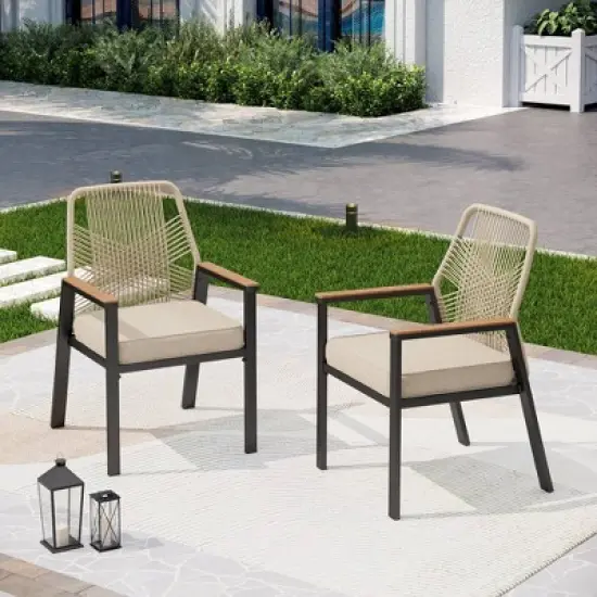 Captiva Designs 7pc Patio Dining Rectangle Steel Table and Fixed Wicker Chairs with Thick Cushions image {1}