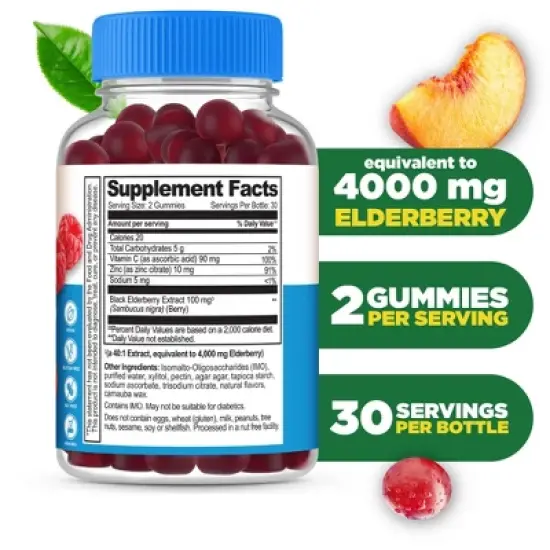 Lifeable - Sugar Free - Sambucus Elderberry + Vitamin C and Zinc - Adults -  60 Gummies image {1}