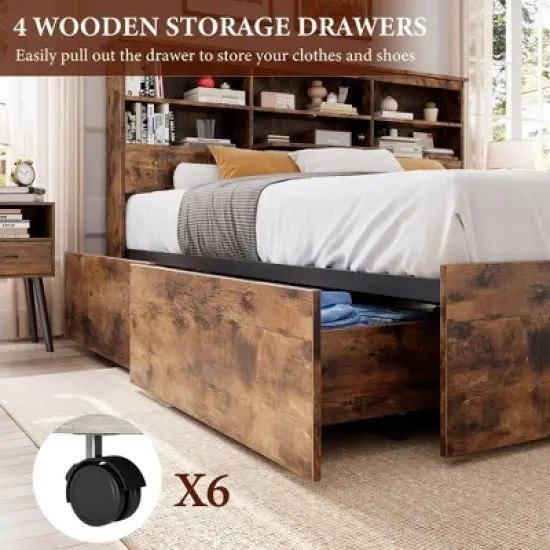 Storage Wooden Bed Frame with Bookcase Headboard and 4 Large Drawers image {7}
