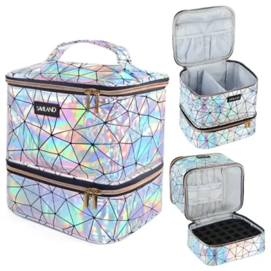 Saviland Salon-Grade Polish Organizer: PU Leather Case w/ Light-Reflective Finish - Holds 30 Bottles & Nail Lamp.(Holographic) image {8}