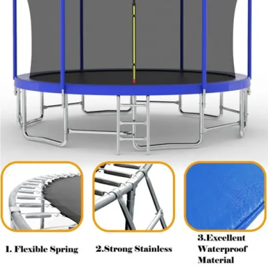 HFYee 8/10/12/14/10*16FT Backyard Trampoline Basketball Kit with Bonus Balls & Safety Enclosure for Ages 8+, Blue image {7}