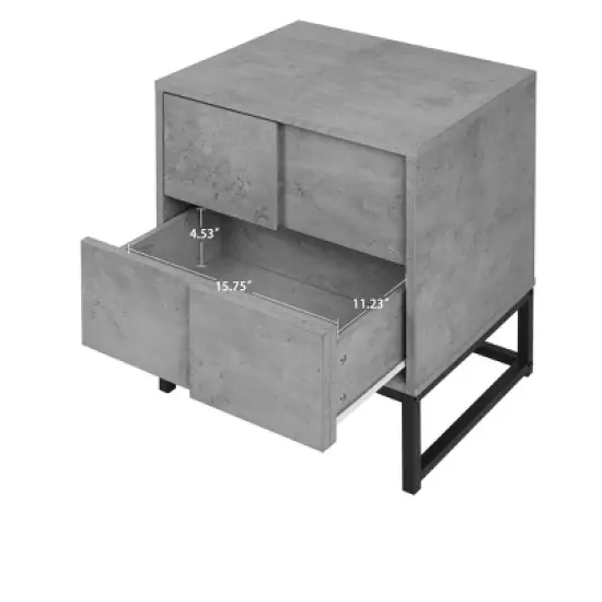 Modern Nightstand with Geometric Elements, Bedside Table with 2 Drawers, Cement Gray-ModernLuxe image {3}