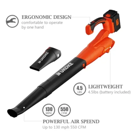 Ukoke Powerful 40V Brushless Cordless Blower (130 MPH / 550 CFM),for Blowing Snow Debris, Leaves, and Dust 2.0Ah Battery and Charger Included, Orange image {2}
