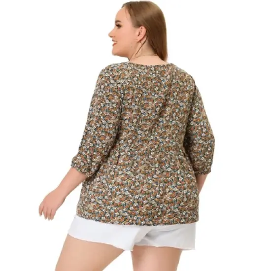 Agnes Orinda Women's Plus Size Keyhole Babydoll Lantern Floral Blouses image {3}