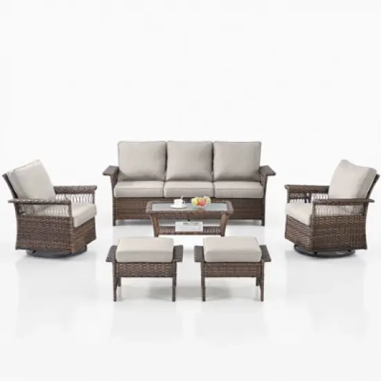 Belord 6 Piece All Weather Wicker Patio Furniture Set, Outdoor Conversation Set with Patio Sofa Couch Swivel Patio Chairs Coffee Table and Ottomans image {3}