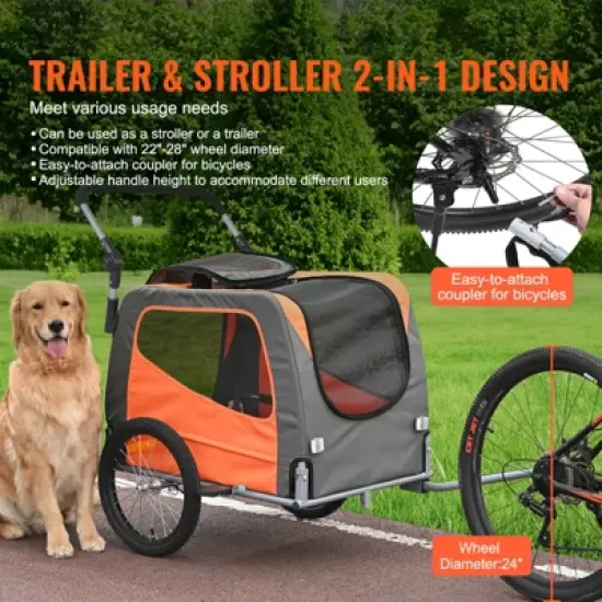 VEVOR Dog Bike Trailer, Supports up to 66 lbs, 2-in-1 Pet Stroller Cart Bicycle Carrier, Easy Folding Cart Frame with Quick Release Wheels image {2}
