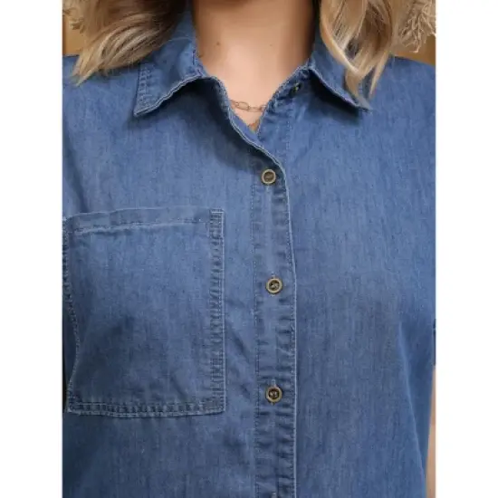 INSPIRE CHIC Women's Midi Denim Summer Short Sleeve Button Down Casual Long Tunic Jean Shirt Dress image {4}