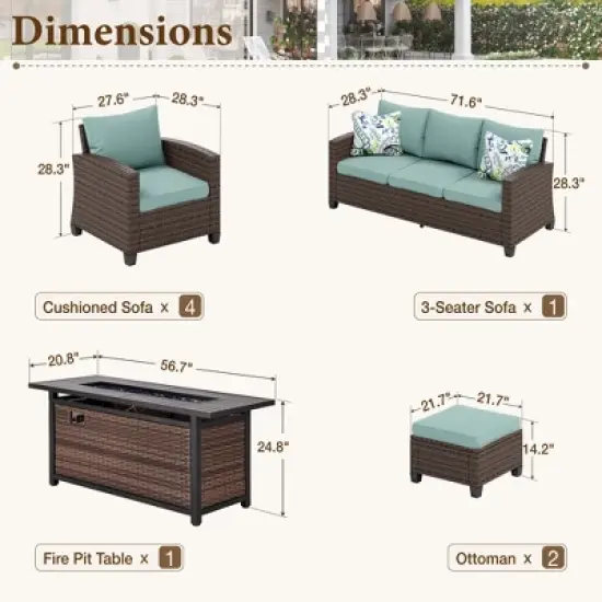 Captiva Designs 8pc Outdoor Patio Wicker Rattan Cushioned Fire Pit Set with Ottomans and Single Sofas image {11}