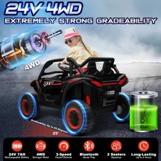 JOYRACER 24V 2 Seater 4WD Ride-On UTV for Kids with Remote Control, 4&times;100W Motors, 3 Speeds & Bluetooth, XL Seats Electric Off-Road UTV image {3}