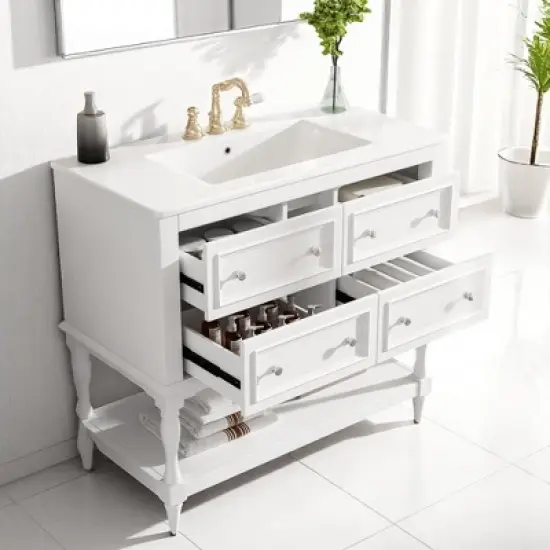 Mshliw 36 Inch Bathroom Vanity with Sink Combo, Modern Freestanding Cabinet with 4 Drawers and Shelf, Solid Wood Frame and Ceramic Basin(Black) image {6}