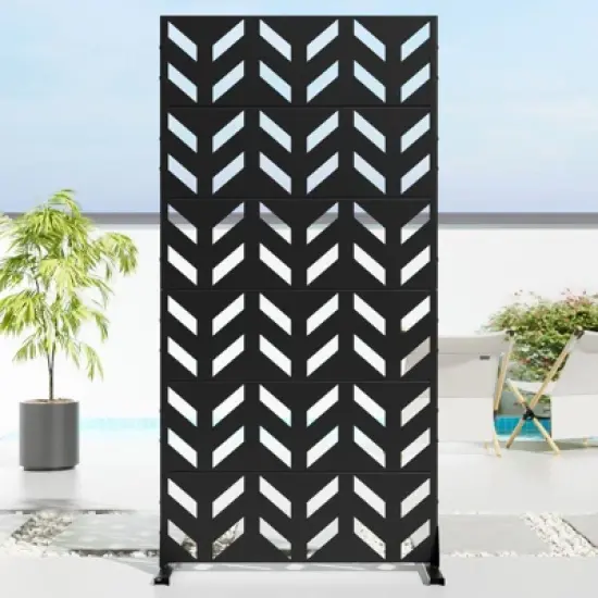 Pexfix 72 x 35 Inch Metal Privacy Screen Freestanding Outdoor Divider Panel For Patio Deck Balcony Heavy Duty Base Weatherproof Black Fishbone Diagram image {2}