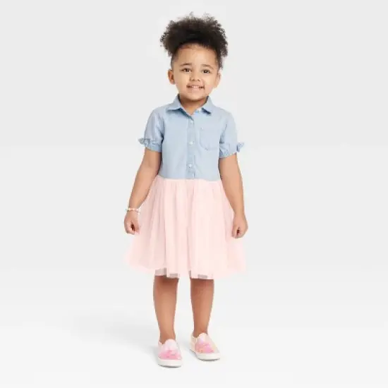 OshKosh B'gosh Toddler Girls' Chambray Short Sleeve Tulle Dress - Light Pink/Blue Denim image {2}