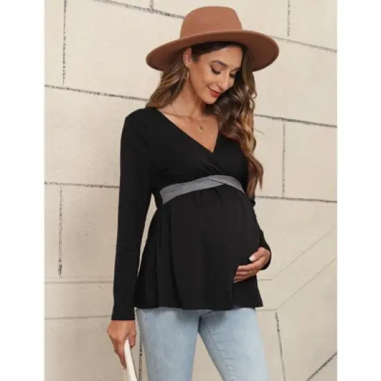 YesFashion Women&rsquo;s Maternity Shirts Long Sleeve Nursing Tops V Neck Patchwork Breastfeeding Shirts Pregnancy Clothes image {3}