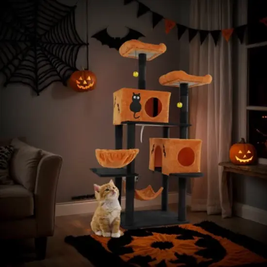 Angel Sar 61" Halloween Cat Tree with 2 Condos, 2 Hammocks & Perches, Large Cat Tower with Scratching Posts for Multiple Cats, Orange & Black image {1}