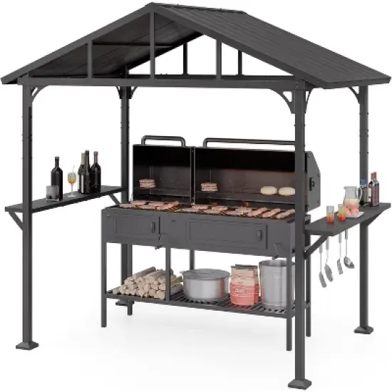 ALAUAM 8'x 5' Hardtop BBQ OutdoorGazebo,Waterproof Sloping Roof, Bar with ToolHooks, Smoke-Venting lron Canopy for Patio,Yard,Garden,Familie Party image {8}