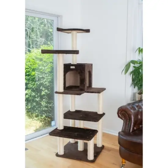 GleePet GP78680723 66-Inch Real Wood Cat Tree In Coffee Brown With Four Levels, Two Perches, Condo image {2}