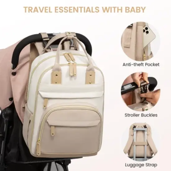 Itopfox Large Capacity Diaper Backpack with Changing Pad, Insulated Pockets, Stroller Buckles, Waterproof, Laptop Compartment, Beige-Khaki image {5}