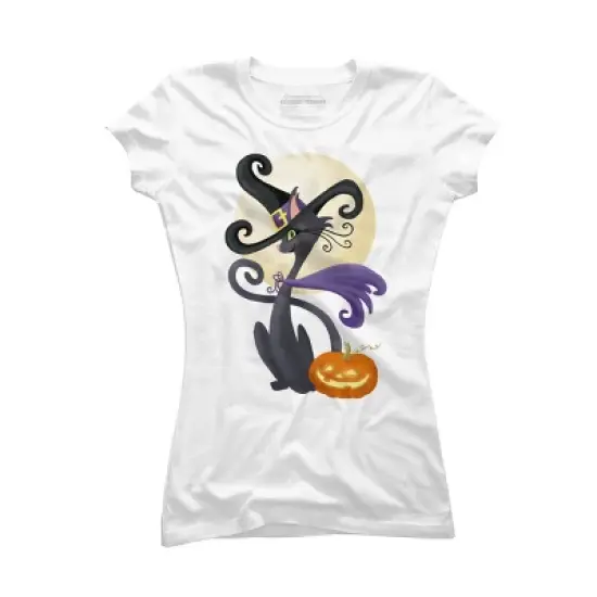 Junior's Design By Humans Bewitching Black Halloween Kitty Cat By LittleBunnySunshine T-Shirt image {4}