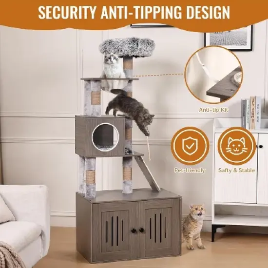 Cat Tree with Litter Box Enclosure, 2-in-1 Cat Tower, 66.9-Inch Tall Cat Condo with Scratching Posts, Perch (Grey) image {3}
