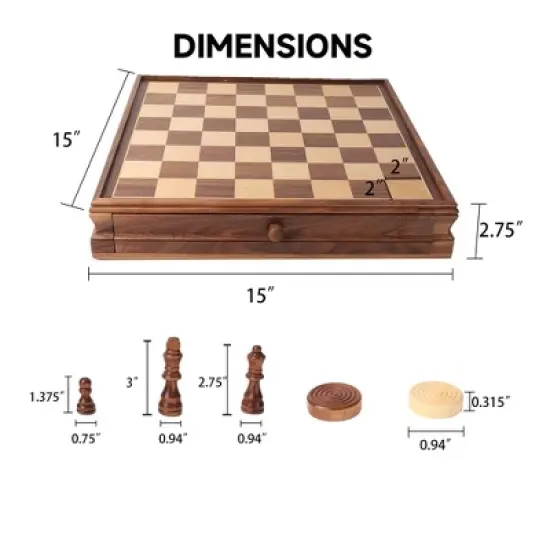 GSE 15" Large Wooden 2-in-1 Chess and Checkers Board Game Combo Set with Drawer, Chess Checker Game Set image {3}