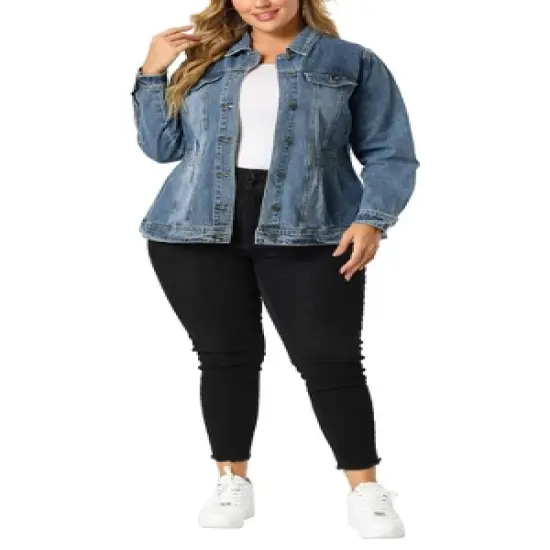 Agnes Orinda Women's Plus Size Classic Denim Washed Front Long Sleeve Jean Jackets image {1}