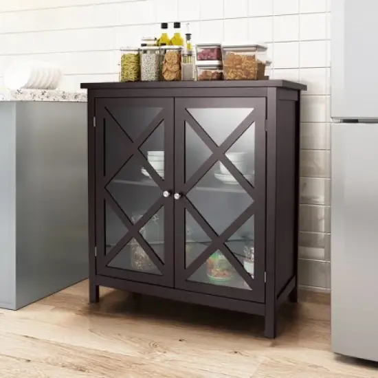 Costway Kitchen Buffet Sideboard Storage Cabinet w/Glass Doors & Adjustable Shelf White\Brown image {1}