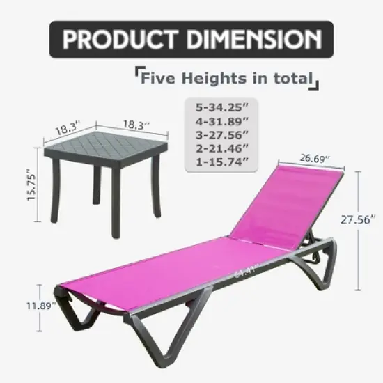 FURNIinspire Patio Chaise Lounges Patio 2 Sunbathing Chairs with 5 Adjustable Position, 1 Table for Beach Yard Poolside, Pink, 64.41"*26.69"*27.56" image {4}